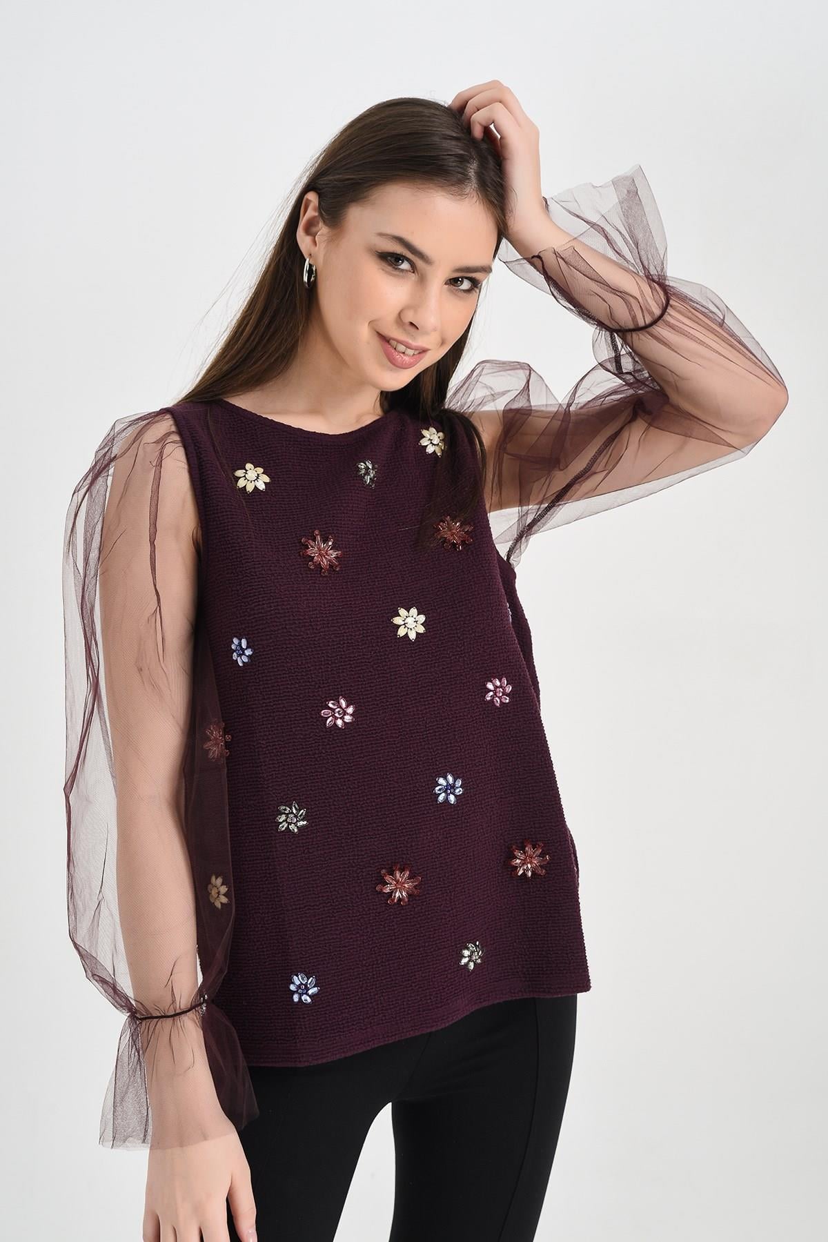 HN1285Kolu Tül Boncuk Detaylı Bluz