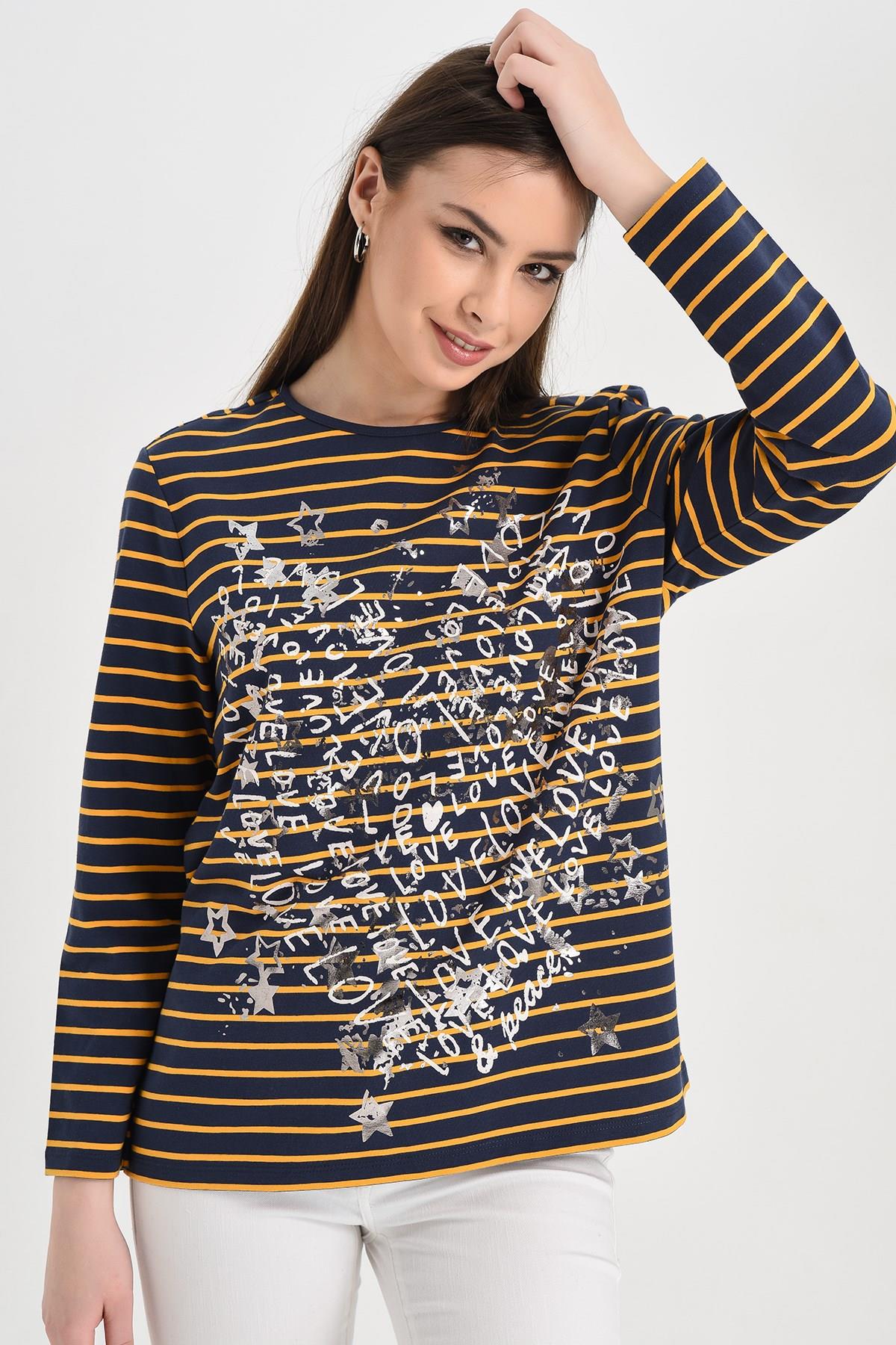 HN1302Lacivert-Sarı Çizgili Uzun Kollu Love Baskılı Bluz