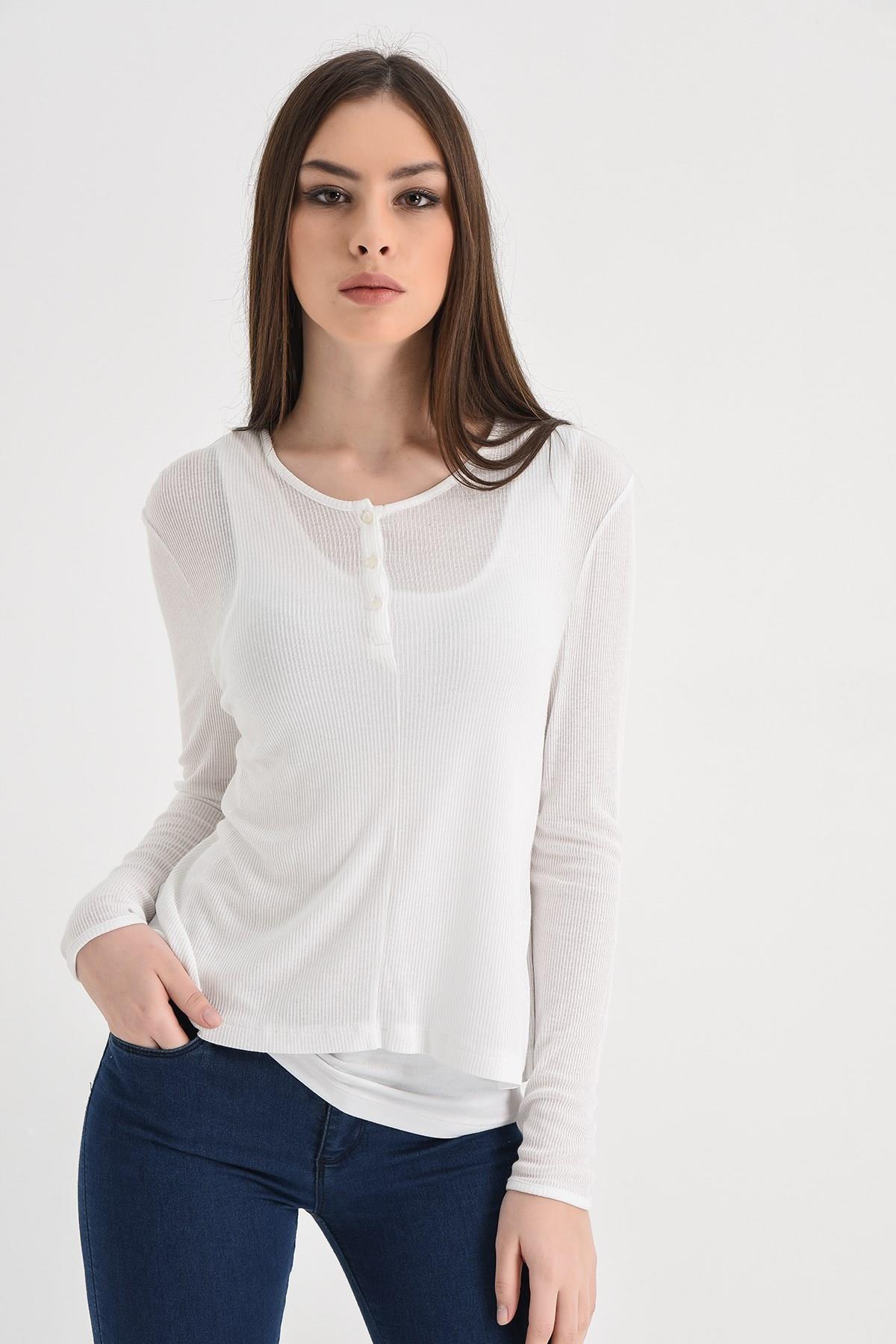 HN1329Yakası Düğmeli Basic Bluz