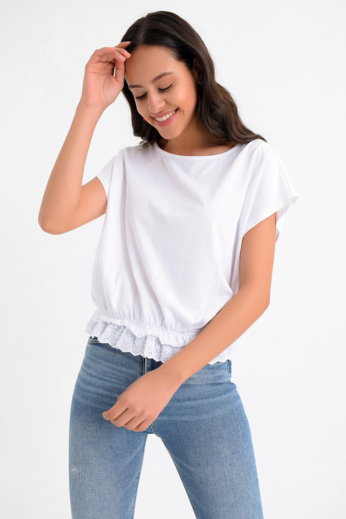 HN1643Beli Büzgülü Ve Dantel Detaylı Tshirt