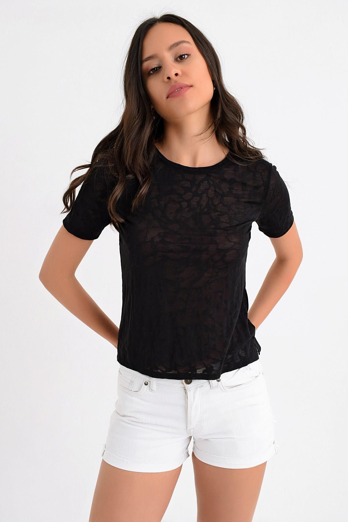 HN1710Kendinden Desenli Basic T-shirt
