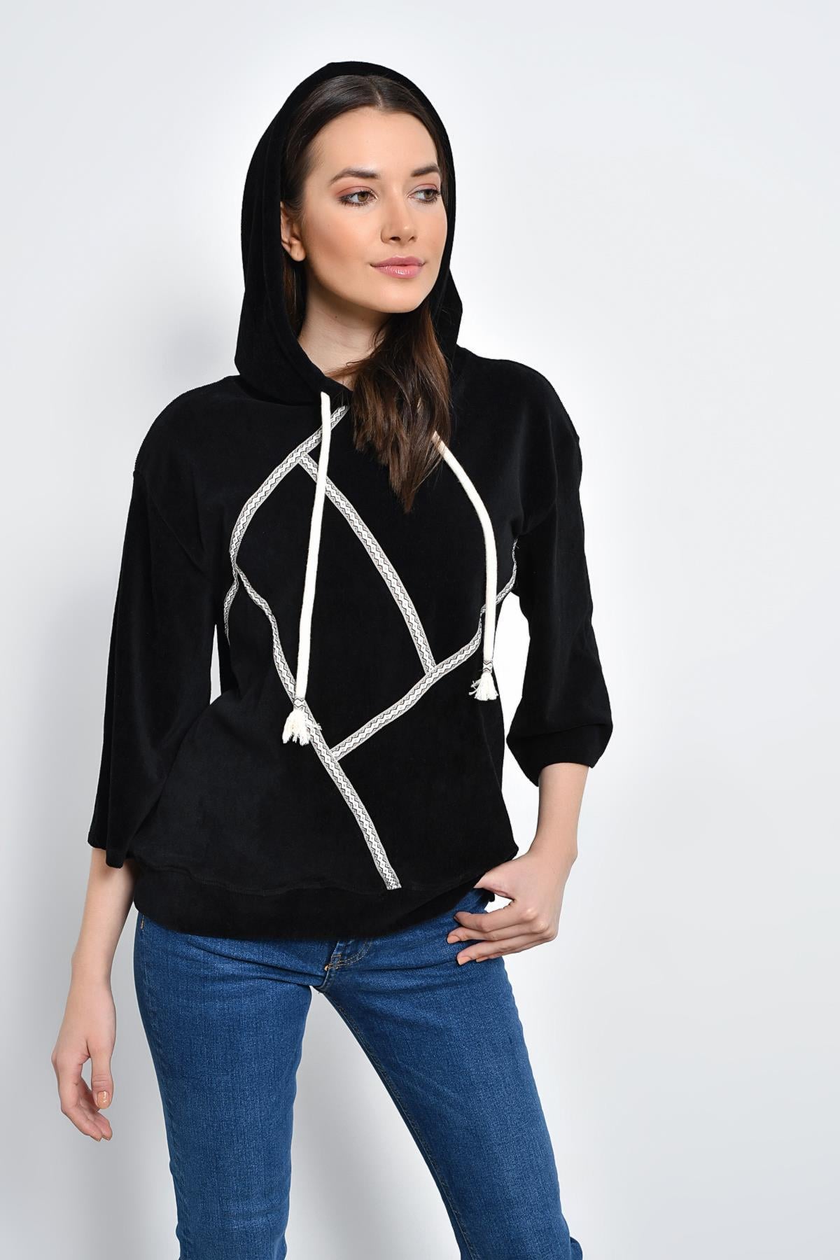 HN2162Kadın Siyah Spor Kapüşonlu Örme Fitilli Kadife Dantel Aksesuarlı Sweatshirt