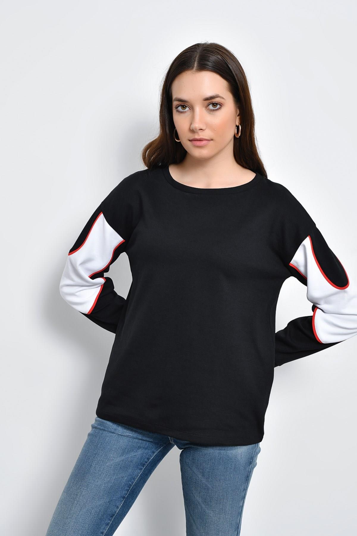 HN2194Kontrast Renkli Uzun Kollu Kalın Kumastan Tshirt