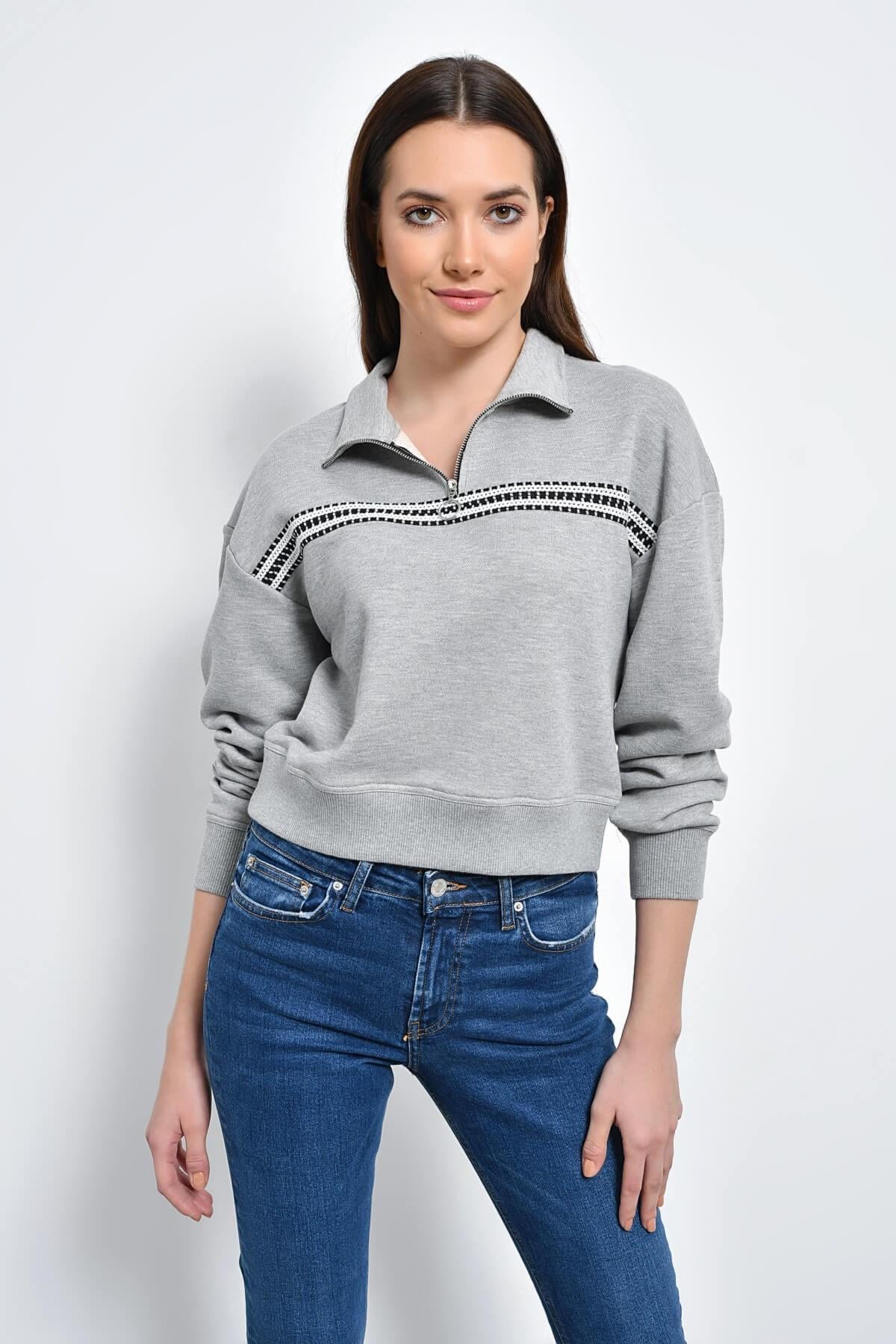 HN2217Fermuarlı Şerit Detaylı Sweatshirt