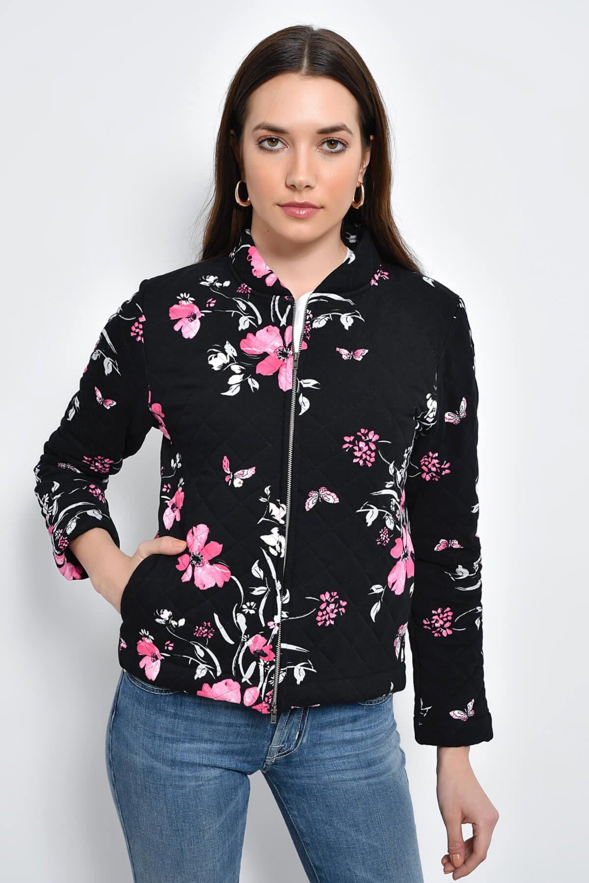 HN2251Kapitone Çiçek Baskılı Mont
