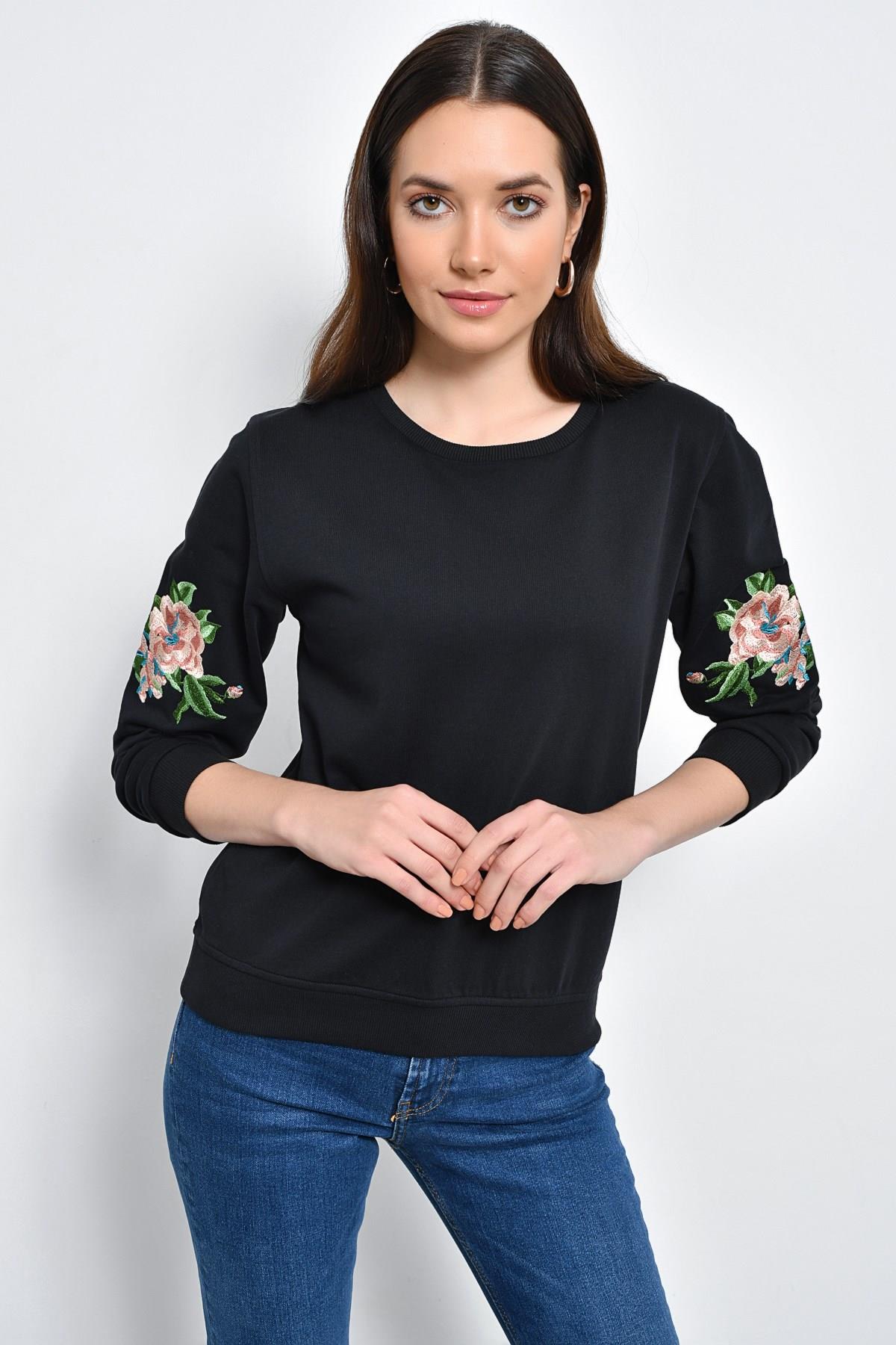 HN2266Bisiklet Yakalı Nakışlı Sweatshırt