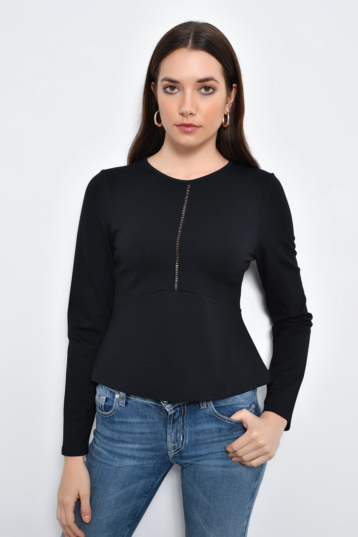 HN2273Uzun Kollu Şerit Detaylı Volanlı Bluz