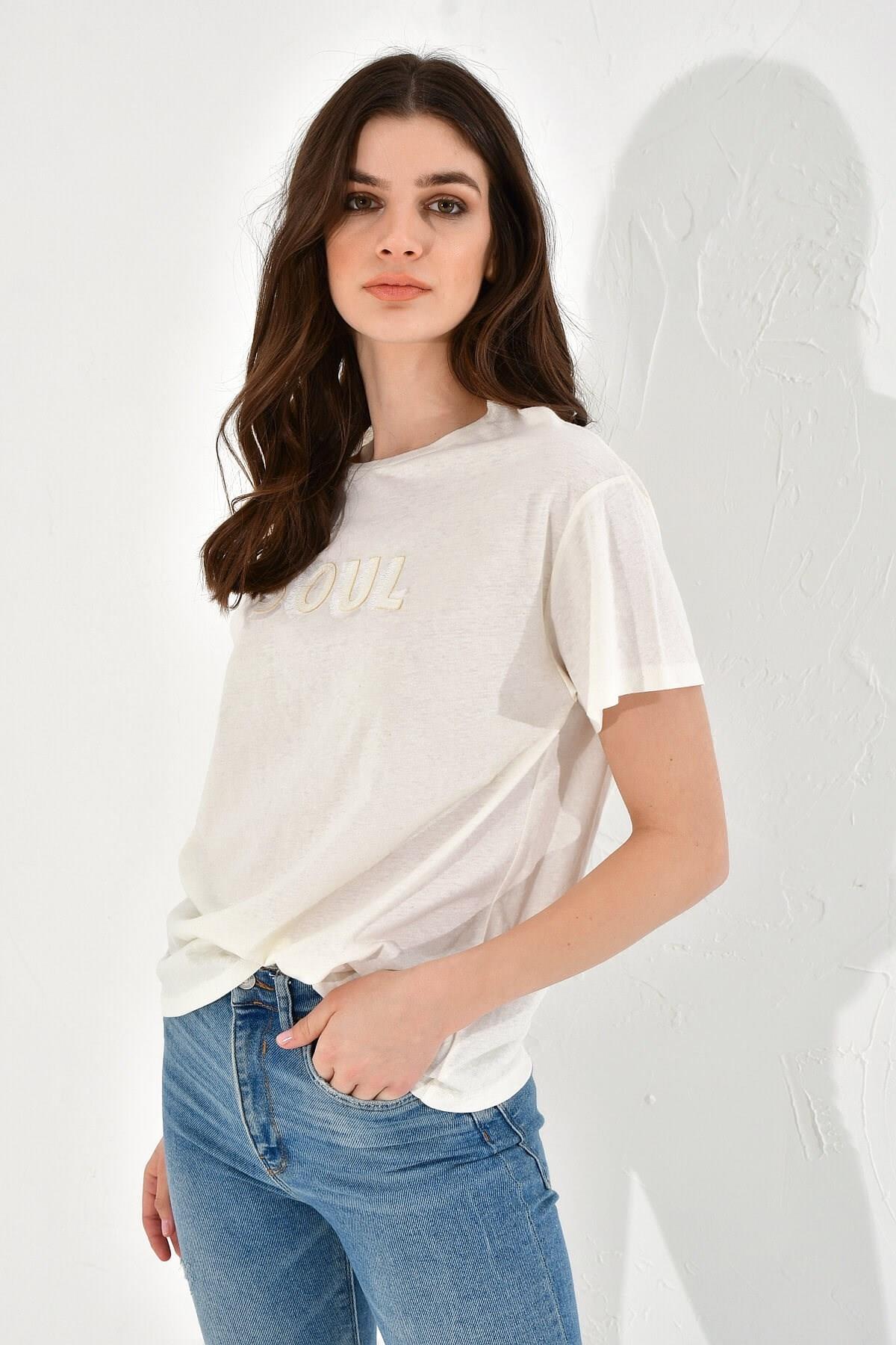 HN2523Soul Nakışlı Basic T-Shirt