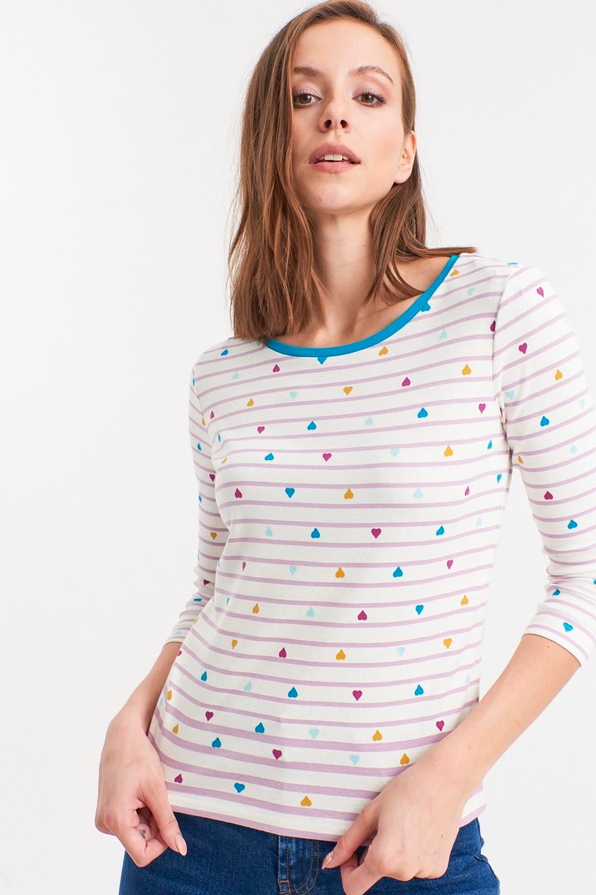 HN2633Lila Çizgili Kalp Desenli Örme Bluz