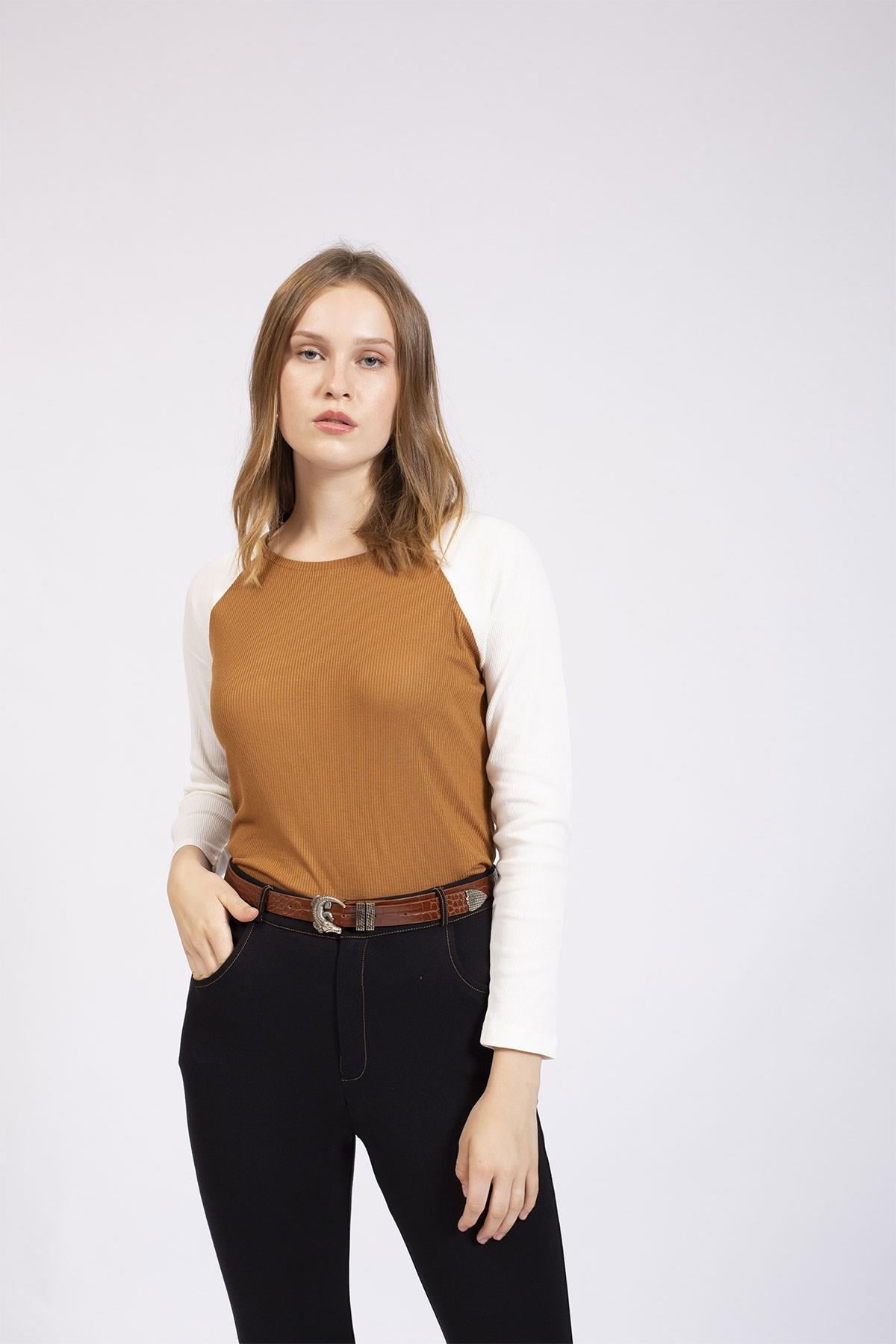 HN2756İki Renkli Ribana Bluz