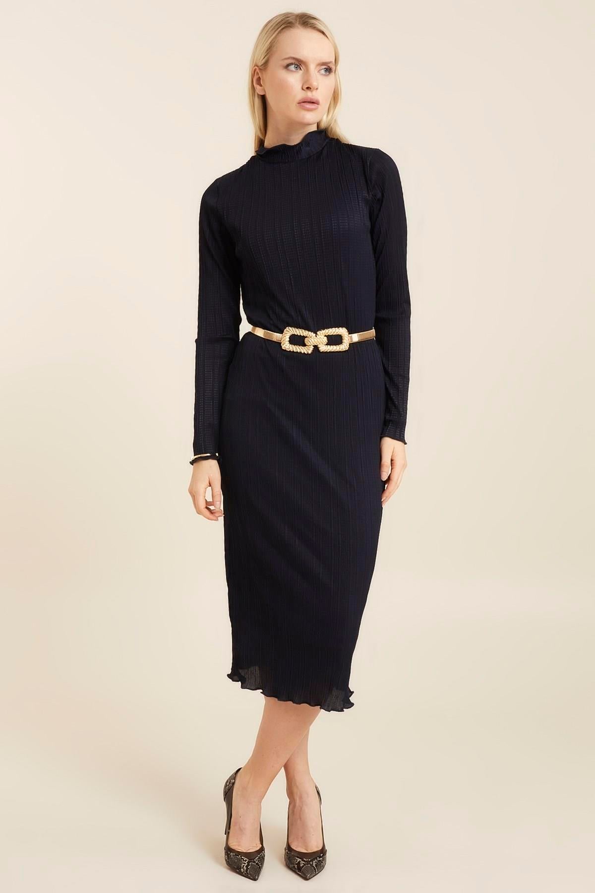 HN2836Piliseli Balıkçı Yaka Dar Örme Elbise