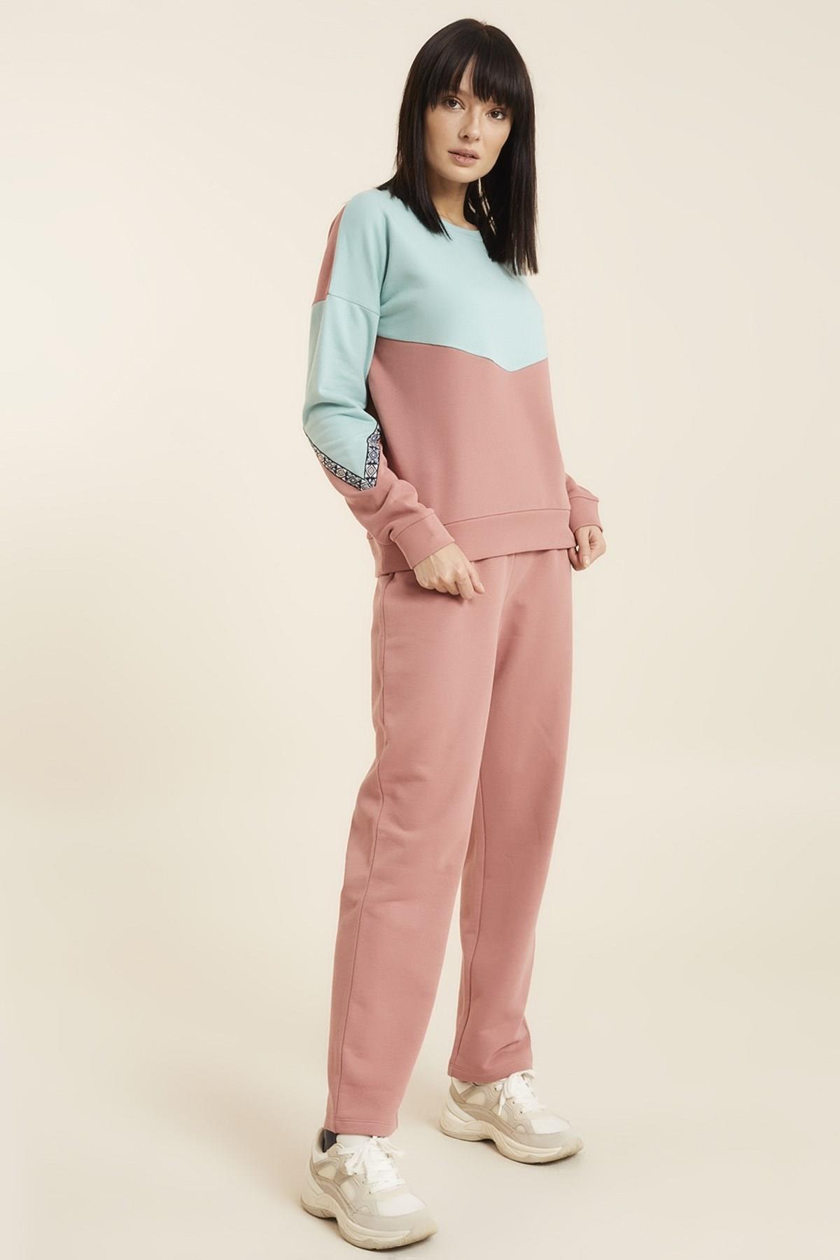 HN2840Mint Renk Bloklu Bisiklet Yakalı Şerit Detaylı Örme Sweatshirt