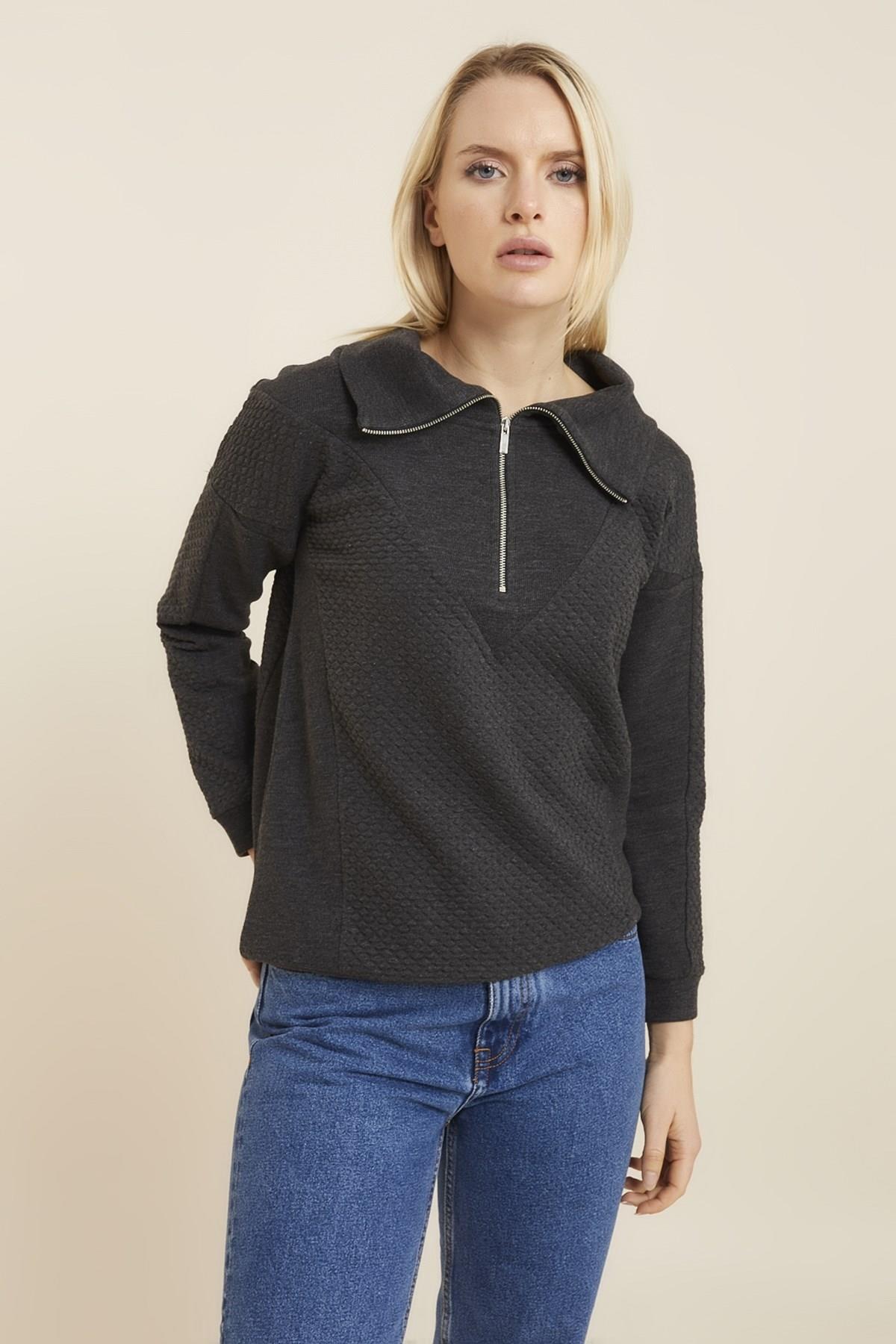 HN2910Fermuarlı Balıkçı Yaka Sweatshirt