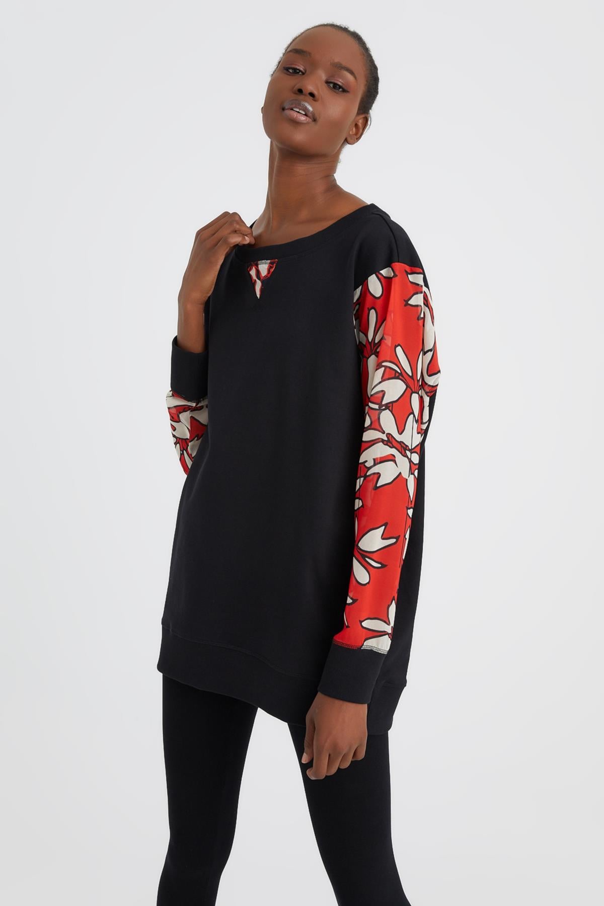 HN3037 Kolları Şifon Desenli Örme Sweatshirt