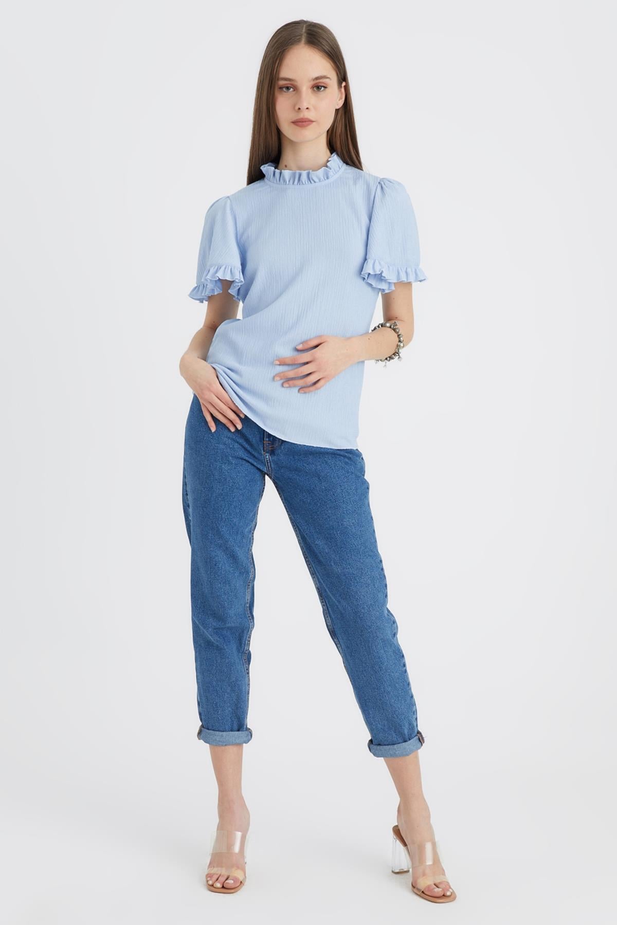 HN3040Fırfırlı Crinkle Kumaş Örme Bluz
