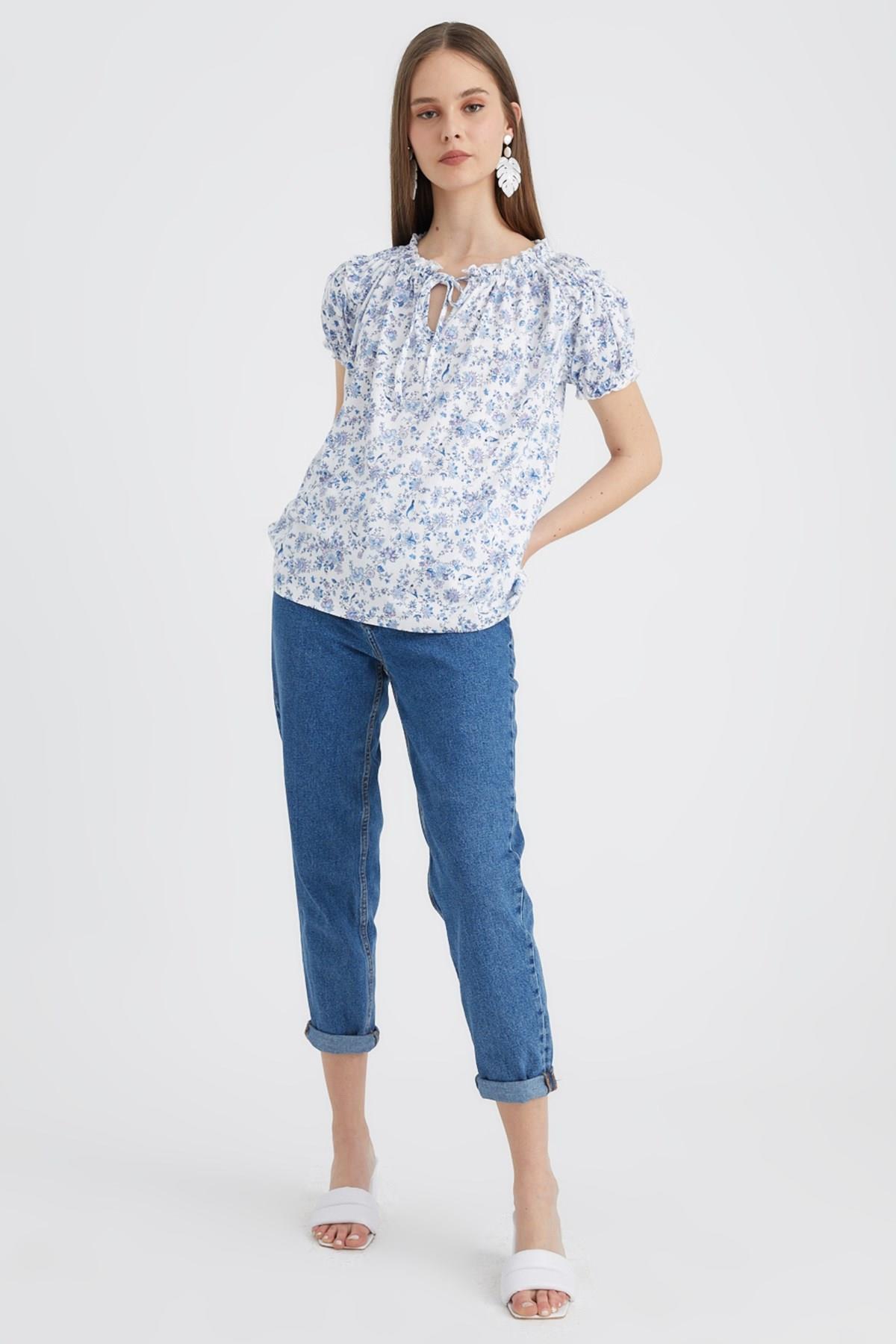 HN3041Çiçek Desenli Bağlamalı Örme Bluz