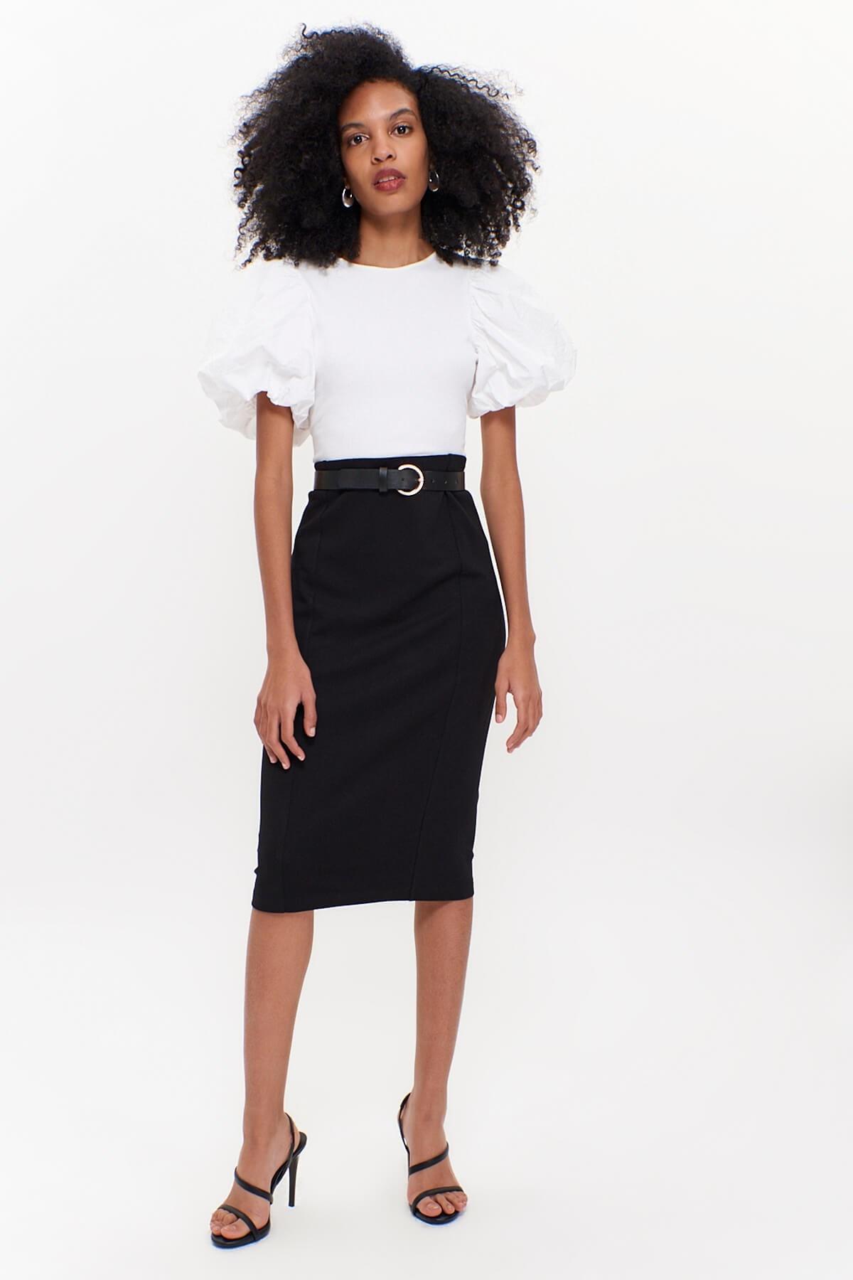 HN3124Siyah Düz Dar Örme Etek