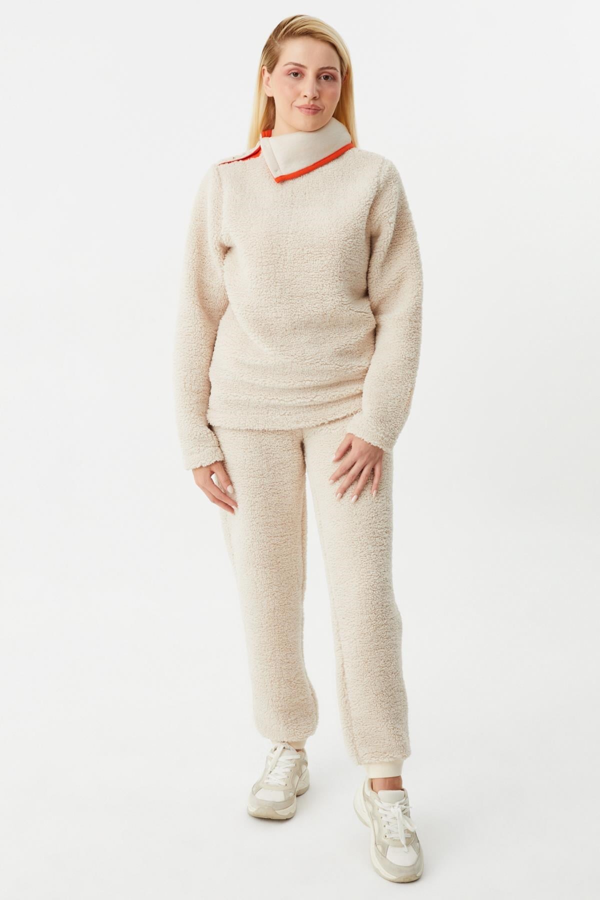 HN3679Şerit Süslemeli Yandan Düğmeli Sweatshirt