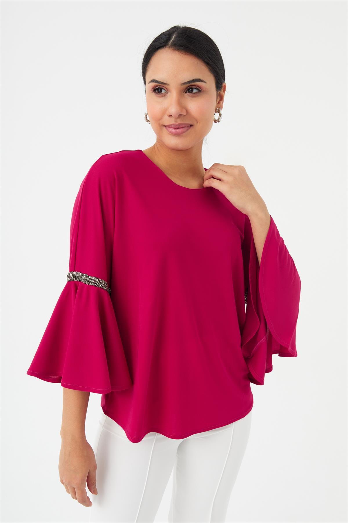 HN3820Kolları Volanlı Boncuk İşlemeli Örme Bluz