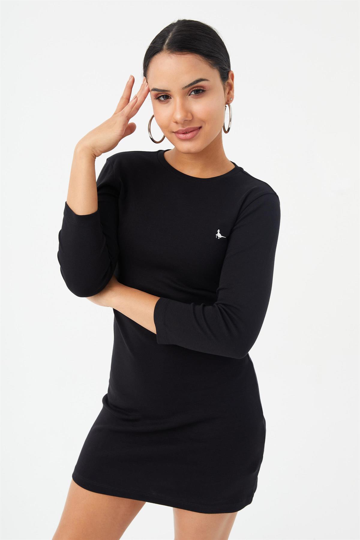 HN3829Kadın Siyah Örme Pamuklu Sıfır Yaka Mini Boy Spor Elbise