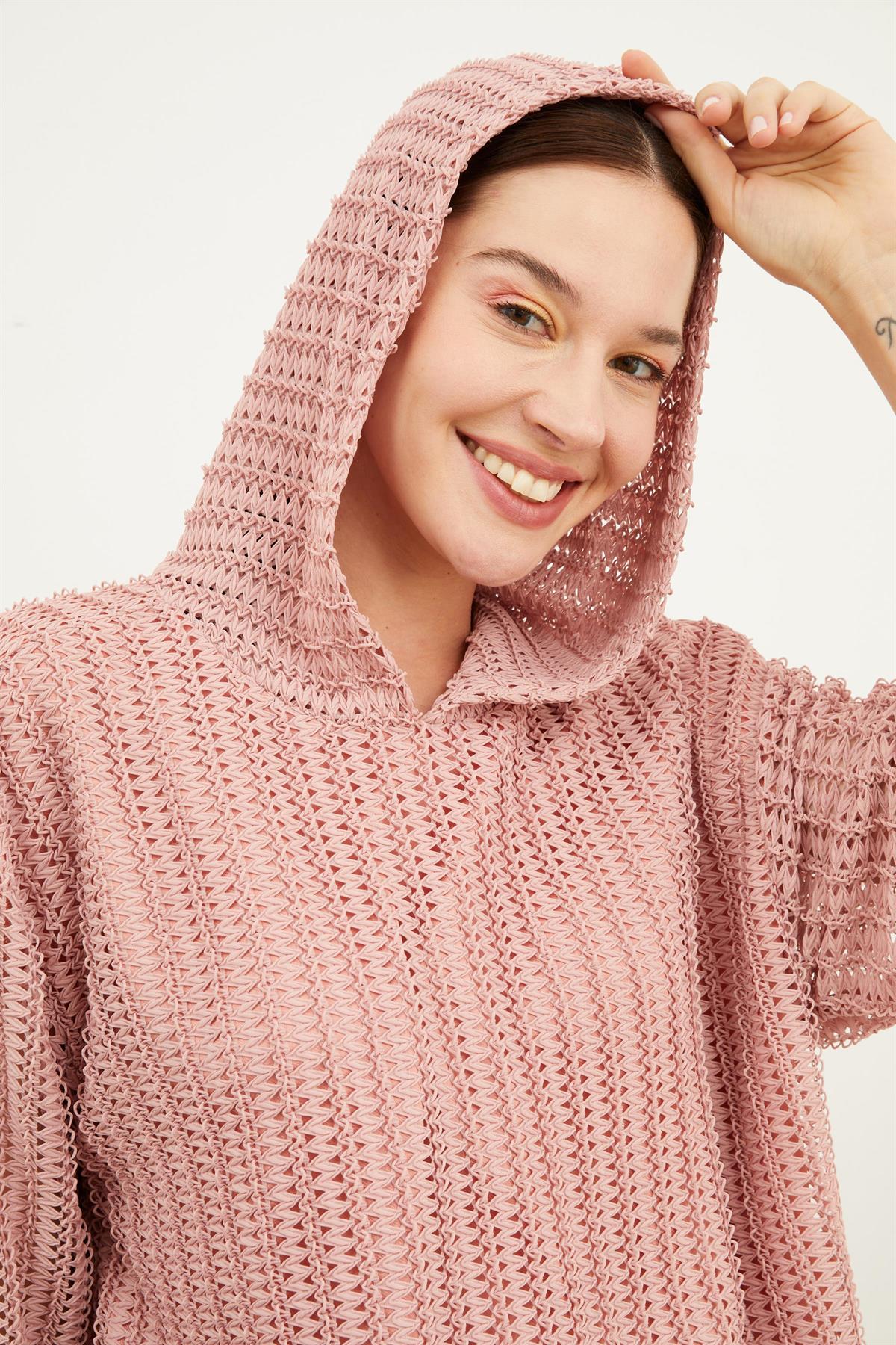 Kadın Kapüşonlu Oversize Ajurlu Örme Kumaş Düz Renk İçi Astarlı Uzun Kollu  Sweatshirt