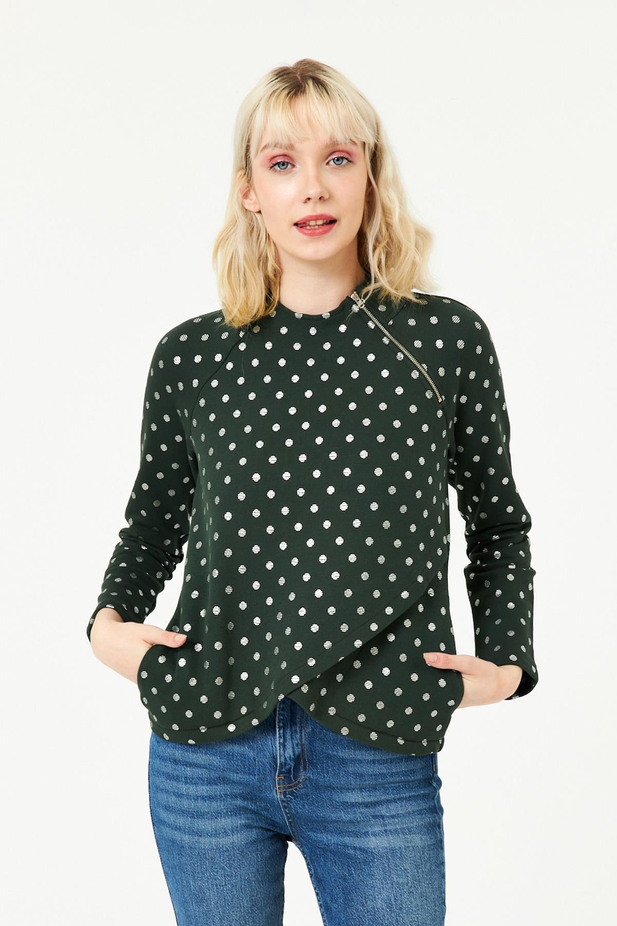 HN3936Kadın Yakası Fermuarlı Önü Kruvaze Uzun Kollu İki İplik Cepli Baskılı Kumaş Sweatshirt