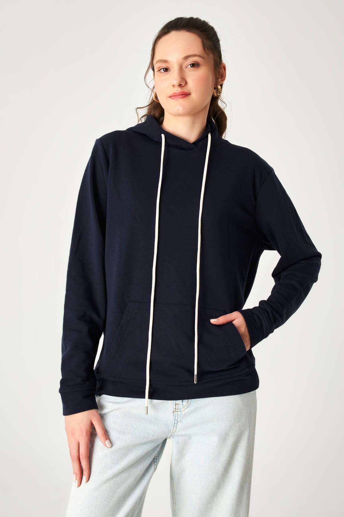 HN3955Kadın İp Detaylı Kapüşonlu Cepli Sweatshirt