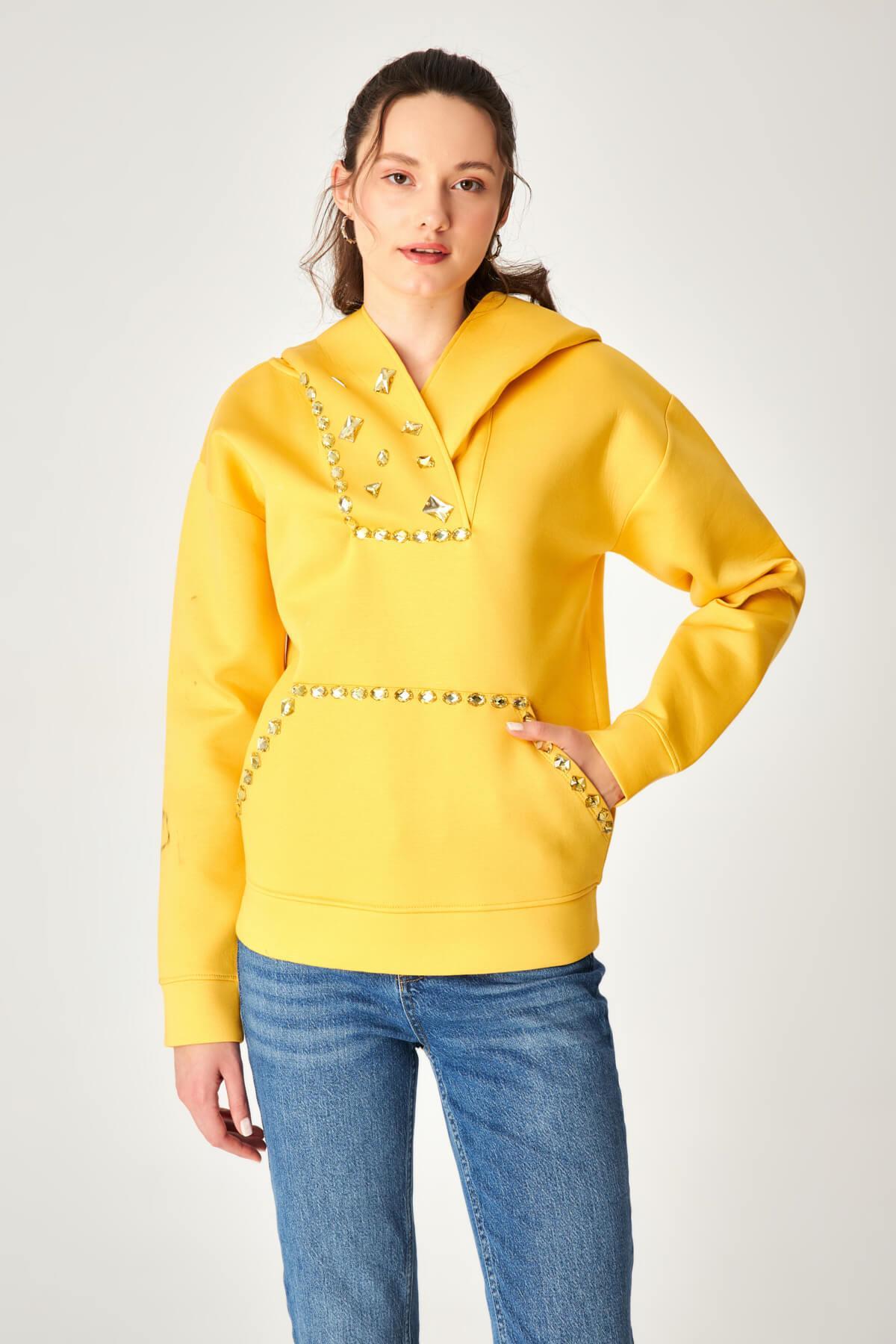 HN3967Taş Detaylı Kapüşonlu Sweatshirt