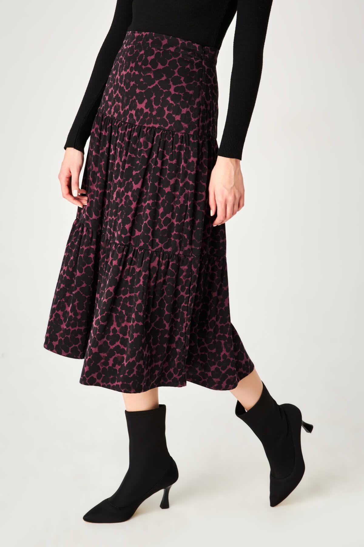 HN3983Kadın Leopar Desenli Midi Boy Etek