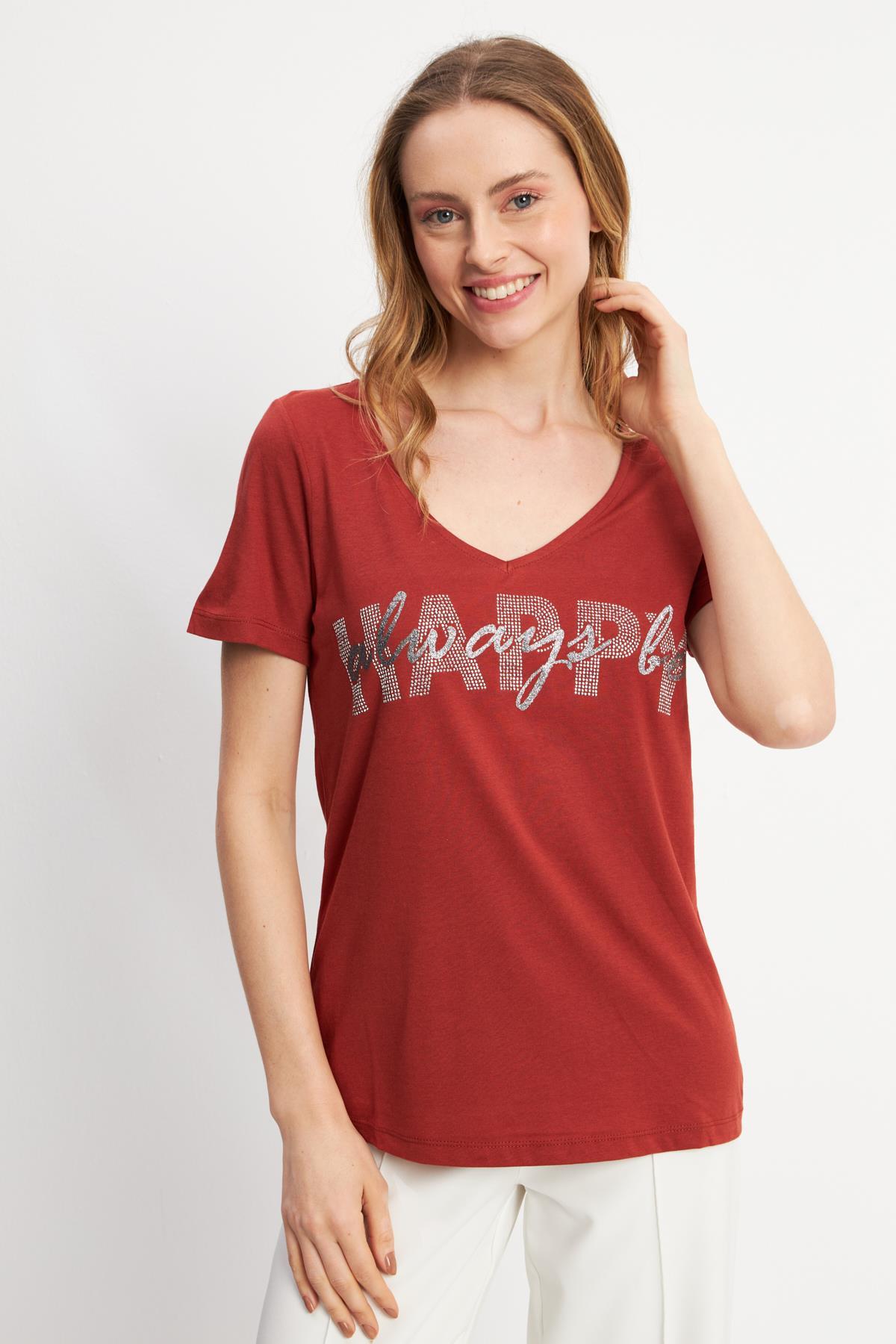 HN4065Parlak Taşlı Happy Yazılı Tarçın V Yaka Kısa Kollu T-shirt