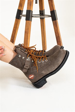 Harley Davidson Worker Hakiki Deri Gri Unisex Kadın Bot 