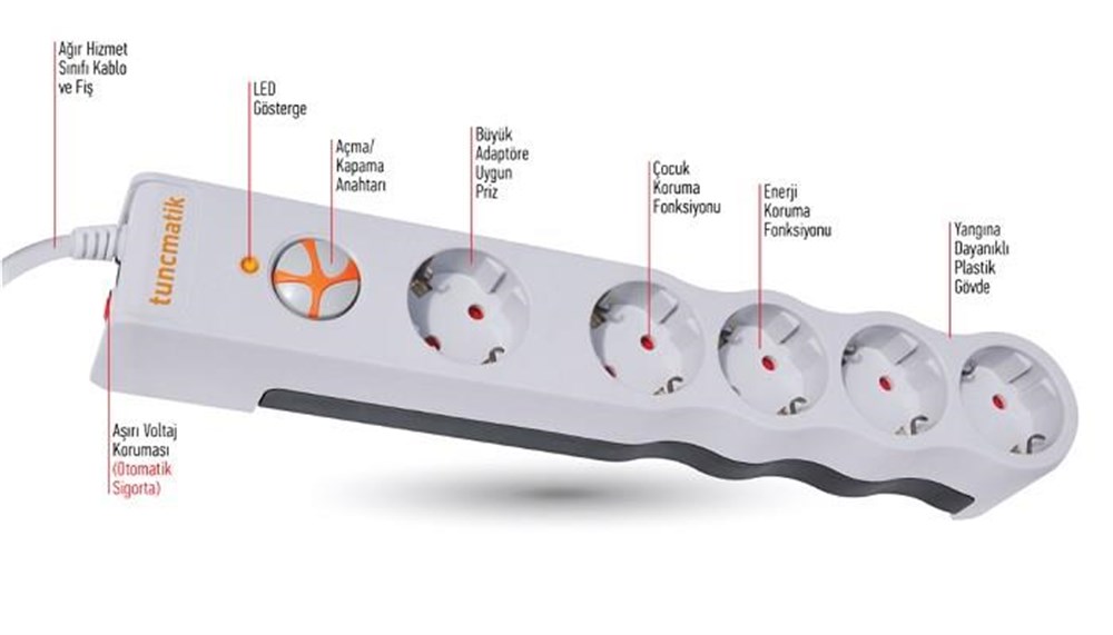 Tunçmatik 5'li 3 Metre Siyah 350Joules Akım Korumalı Priz TSK6057