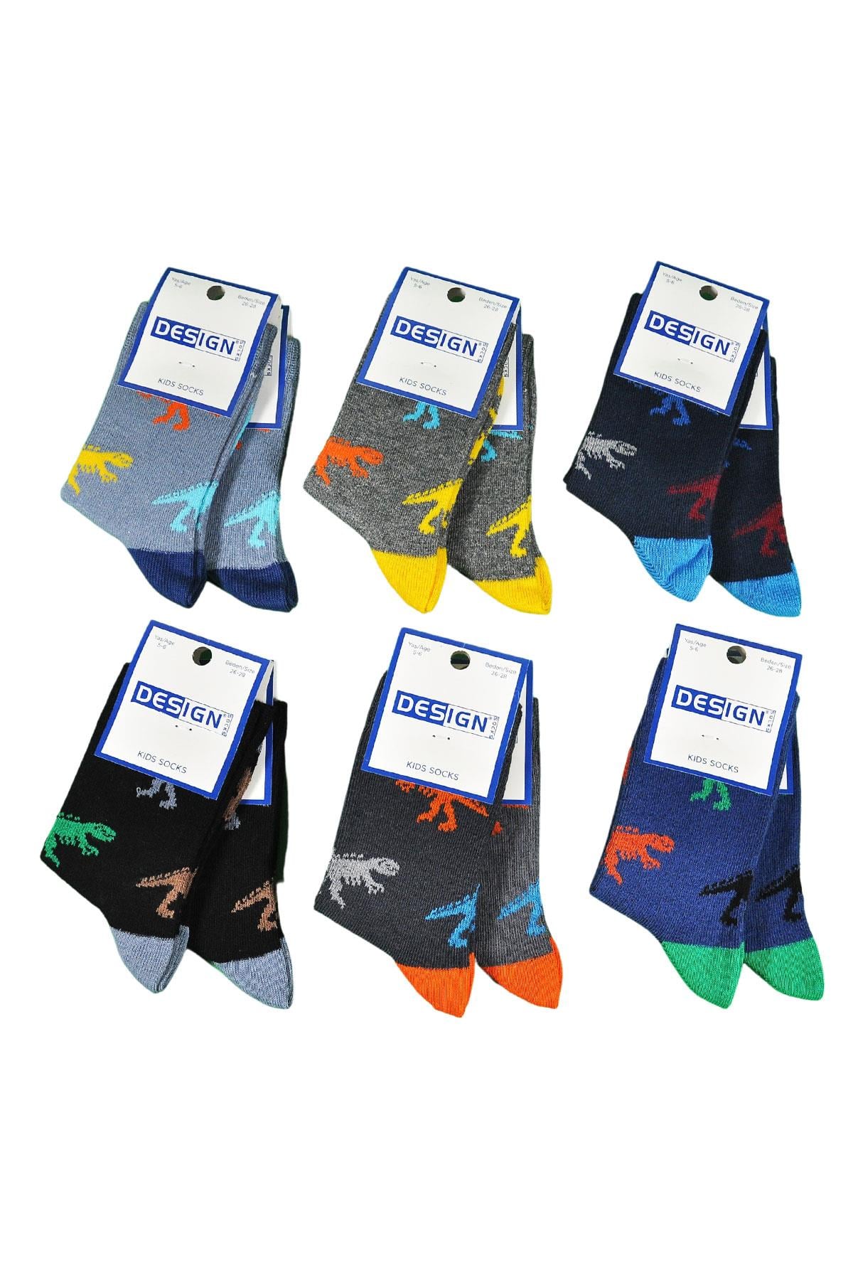 Dinozor Desenli Soket Çocuk Çorabı - Asorti - 3 Yaş / 11 Yaş- %70 Pamuk | Design Socks