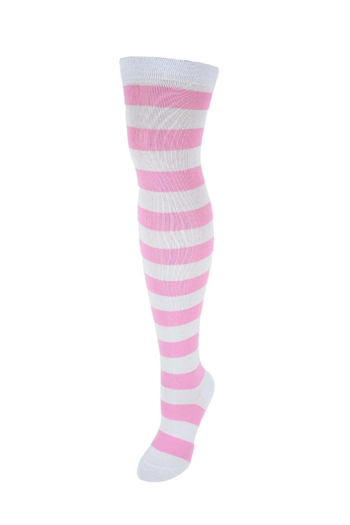Diz Üstü Kadın Çorabı Beyaz-Pembe Çizgili - 36-40 Numara - %70 Pamuk | Design Socks