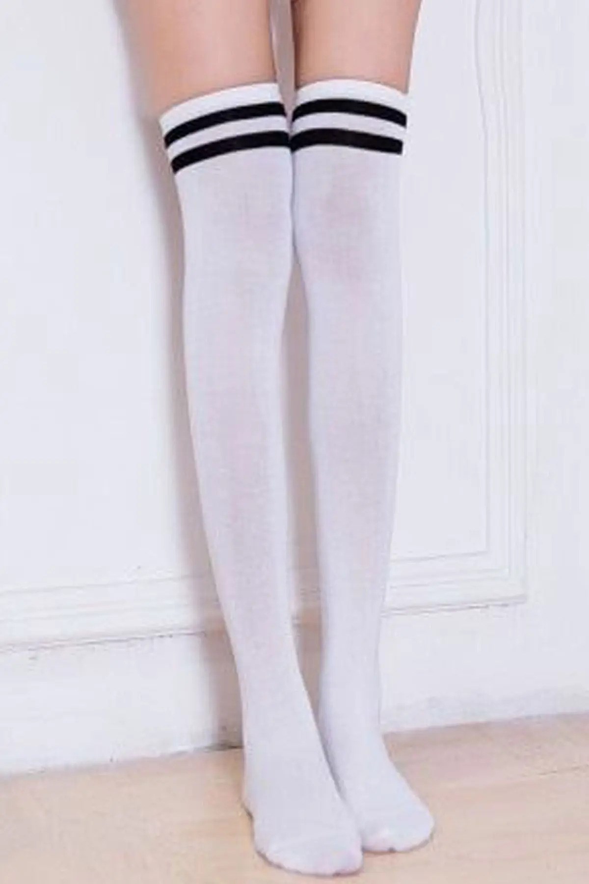 Diz Üstü Kadın Çorabı Çift Çember Siyah - 36-40 Numara - %70 Pamuk | Design Socks