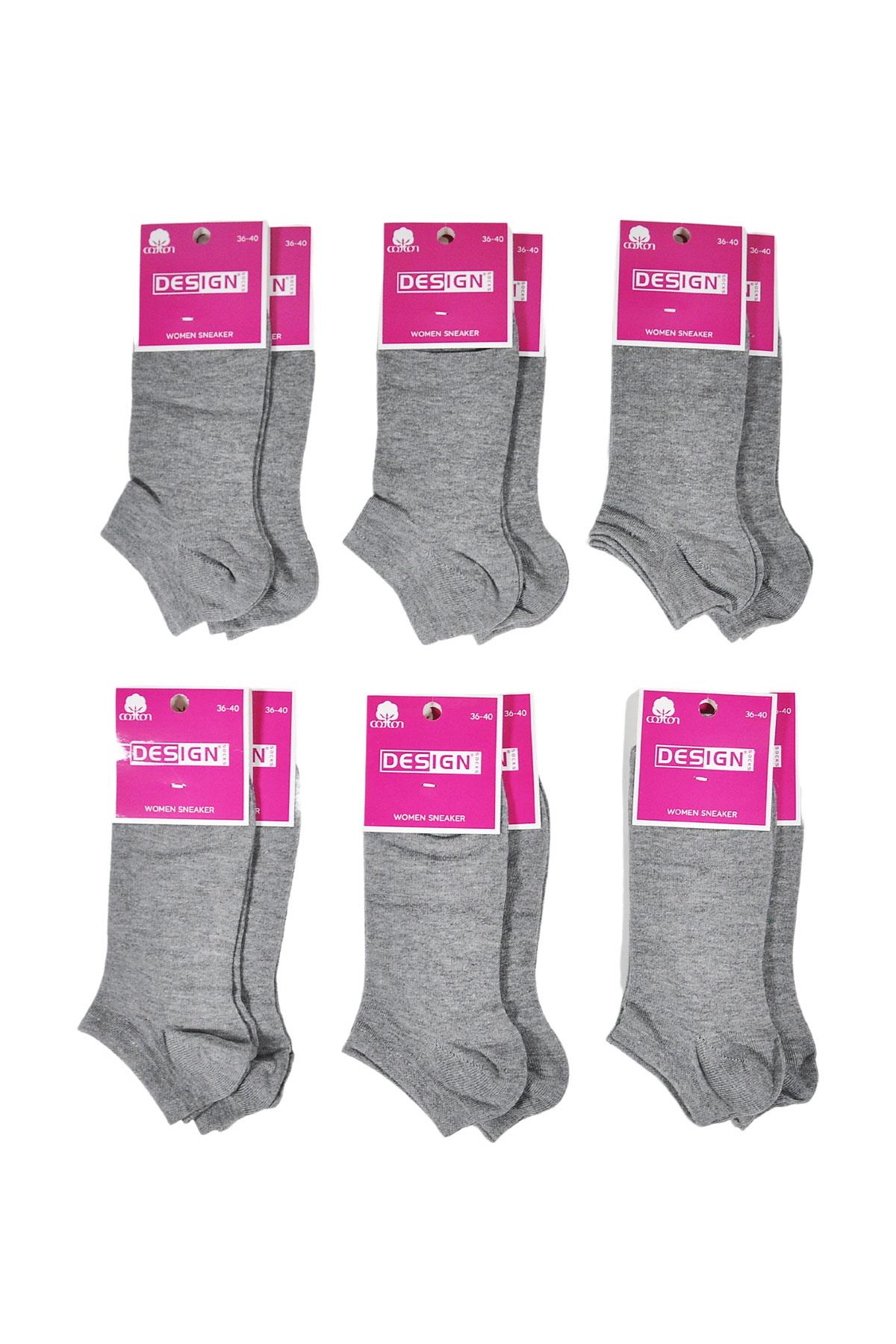 Düz Desensiz Patik Kadın Çorabı - Gri-3 - 36-40 Numara - %70 Pamuk | Design Socks