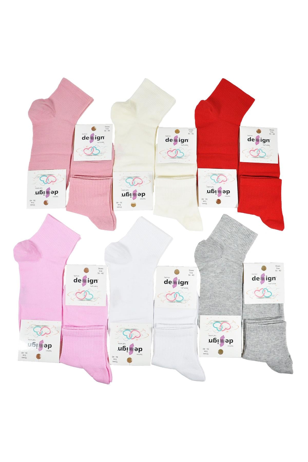 Düz Yarım Konç Kadın Çorabı - Asorti - 36-40 Numara - %70 Pamuk | Design Socks