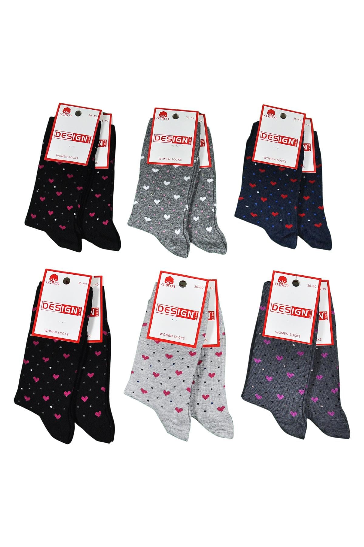 Simli Kalp Desenli Soket Kadın Çorabı - Koyu Asorti - 36-40 Numara - %70 Pamuk | Design Socks
