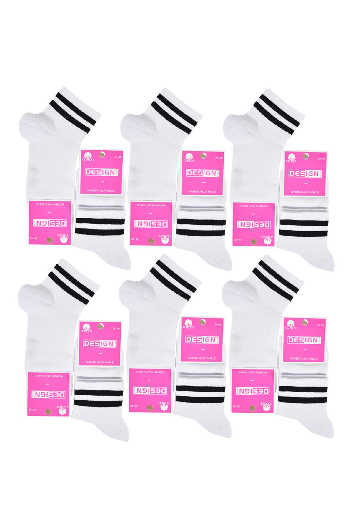 Siyah Çember Desenli Yarım Konç Kadın Çorabı - Beyaz - 36-40 Numara - %70 Pamuk | Design Socks