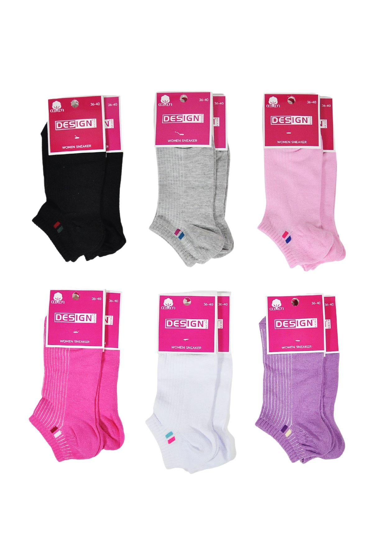 Ufak Çizgi Desenli Patik Kadın Çorabı - Asorti - 36-40 Numara - %70 Pamuk | Design Socks
