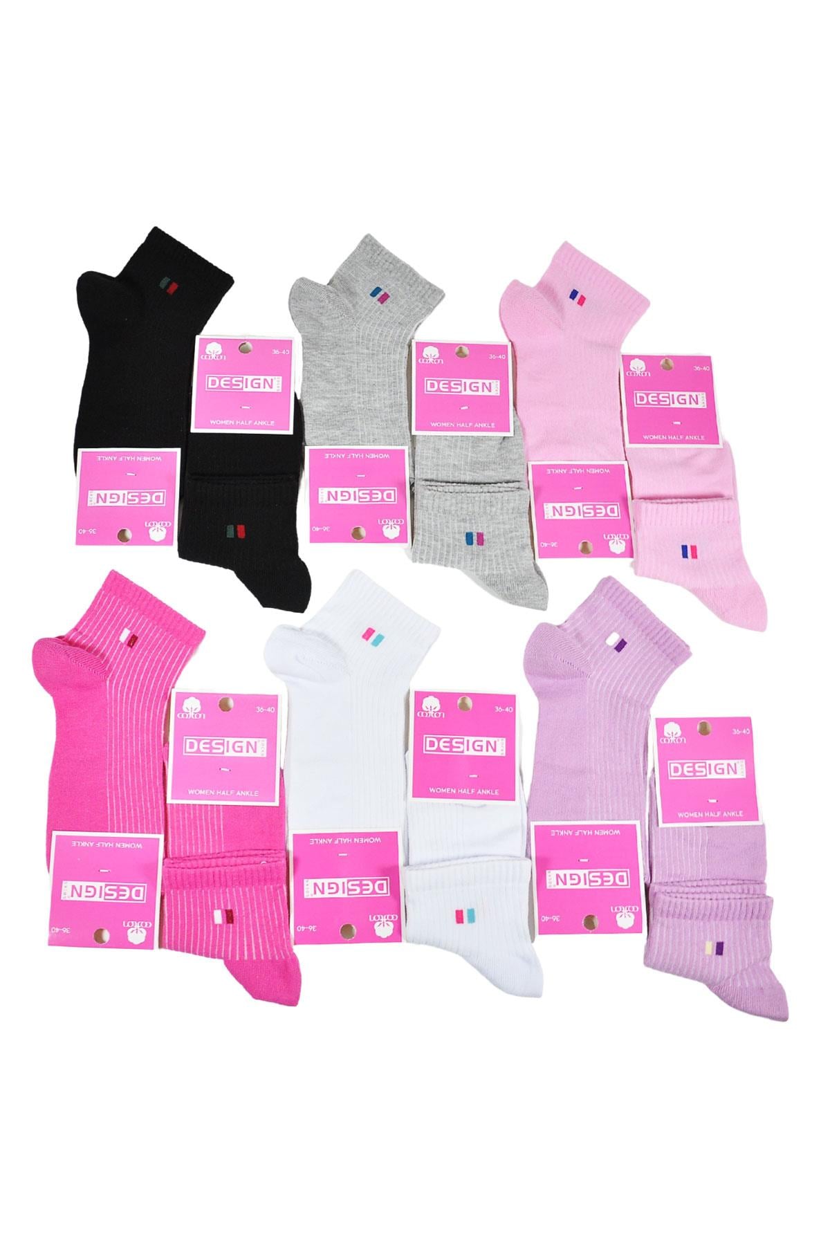 Ufak Çizgili Yarım Konç Kadın Çorabı - Asorti - 36-40 Numara - %70 Pamuk | Design Socks