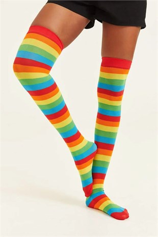 Diz Üstü Kadın Çorabı Çemberli İnce Gökkuşağı - 36-40 Numara - %70 Pamuk | Design Socks