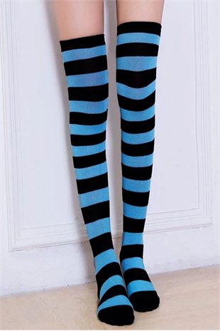 Diz Üstü Kadın Çorabı Siyah-Mavi Çizgili - 36-40 Numara - %70 Pamuk | Design Socks