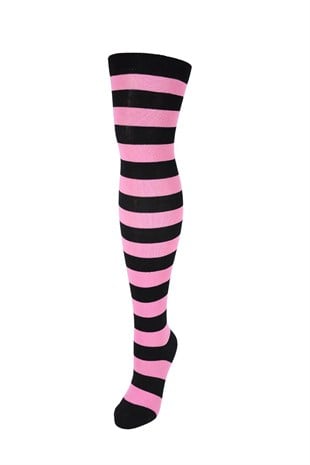 Diz Üstü Kadın Çorabı Siyah-Pembe Çizgili - 36-40 Numara - %70 Pamuk | Design Socks