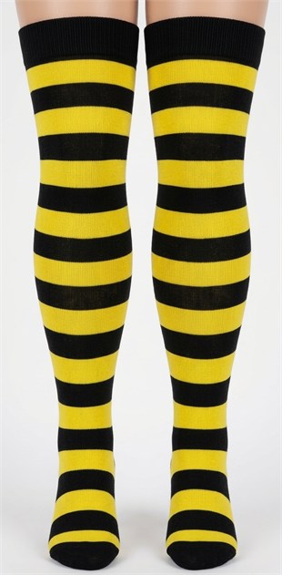 Diz Üstü Kadın Çorabı Siyah-Sarı Çizgili - 36-40 Numara - %70 Pamuk | Design Socks