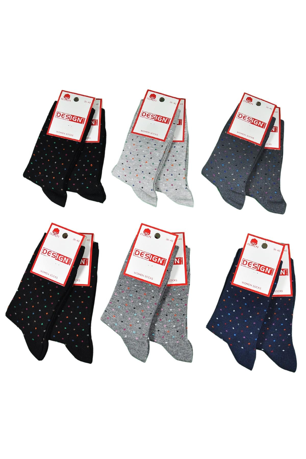 Artı Desenli Soket Kadın Çorabı - Koyu Asorti - 36-40 Numara - %70 Pamuk | Design Socks
