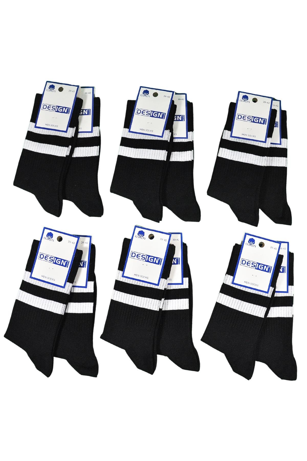 Beyaz Çizgili Soket Erkek Çorabı - 39-42 / 43-46 Numara - %80 Pamuk - Siyah | Design Socks