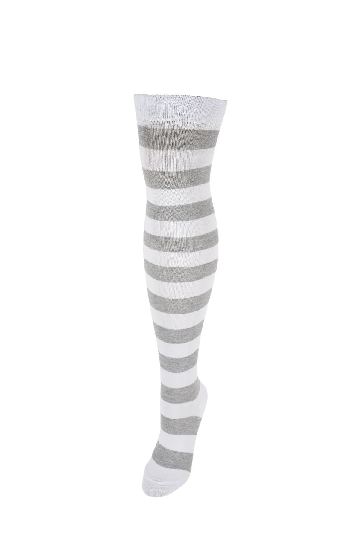 Diz Üstü Kadın Çorabı Beyaz-Gri Çizgili - 36-40 Numara - %70 Pamuk | Design Socks
