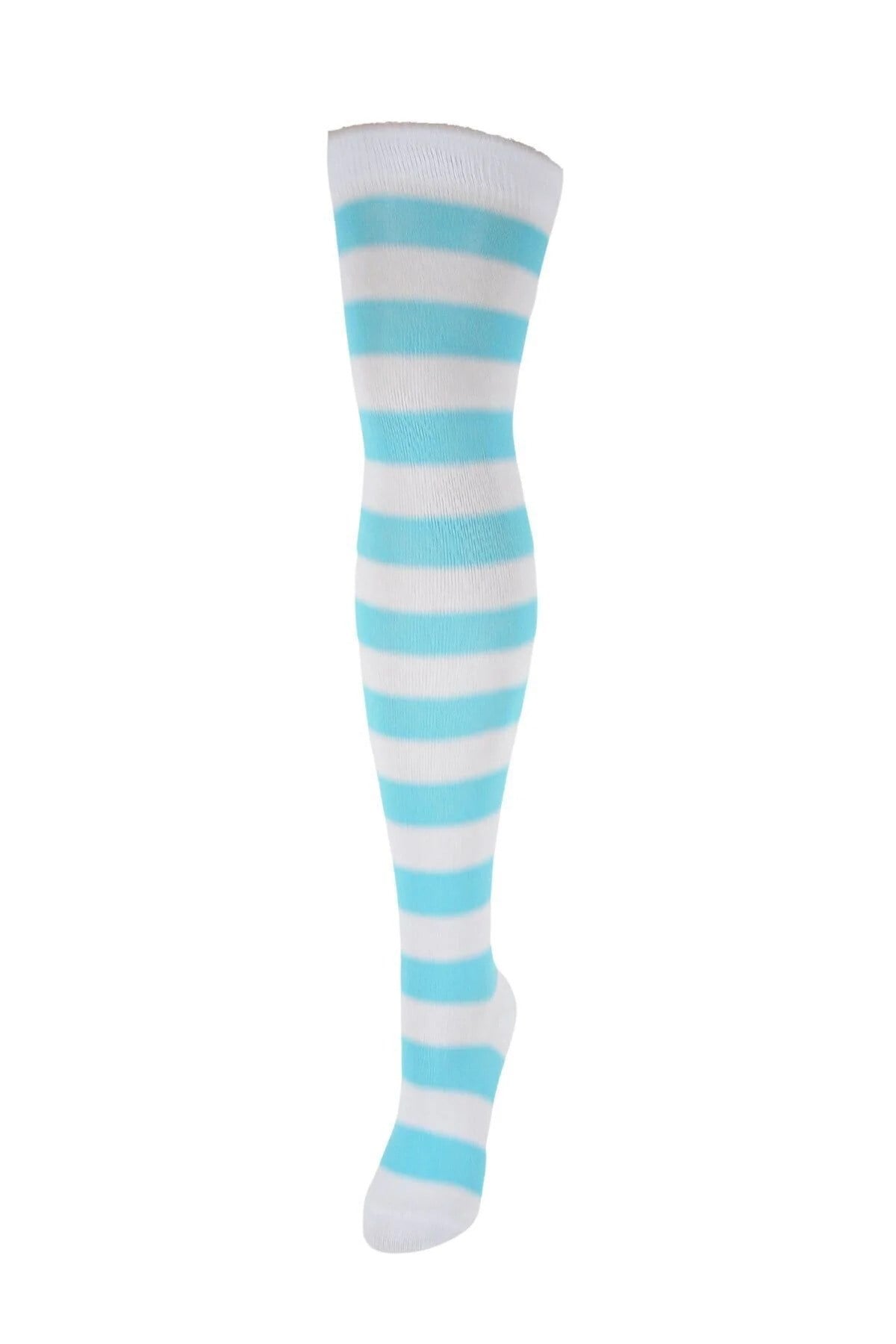 Diz Üstü Kadın Çorabı Beyaz-Turkuaz Çizgili - 36-40 Numara - %70 Pamuk | Design Socks