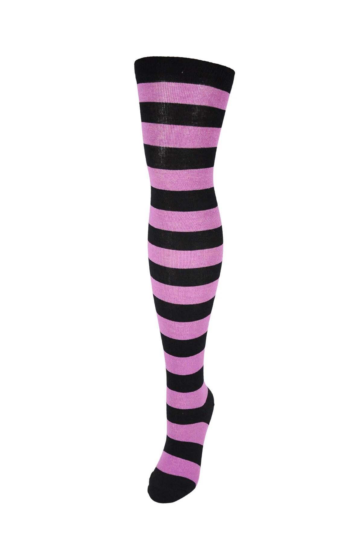 Diz Üstü Kadın Çorabı Siyah-A. Lila Çizgili - 36-40 Numara - %70 Pamuk | Design Socks
